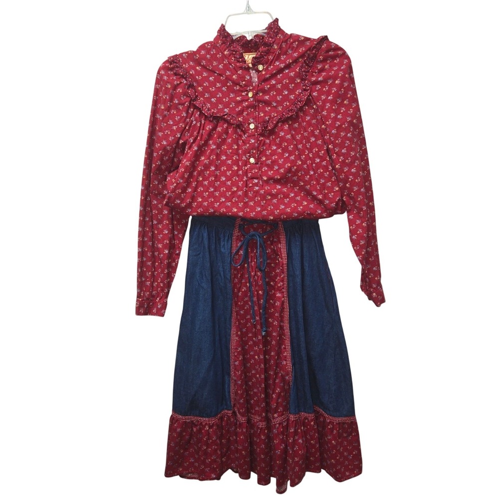 Eber San Francisco Vintage Prairie Skirt Blouse Set Denim Floral Lace Up Skirt